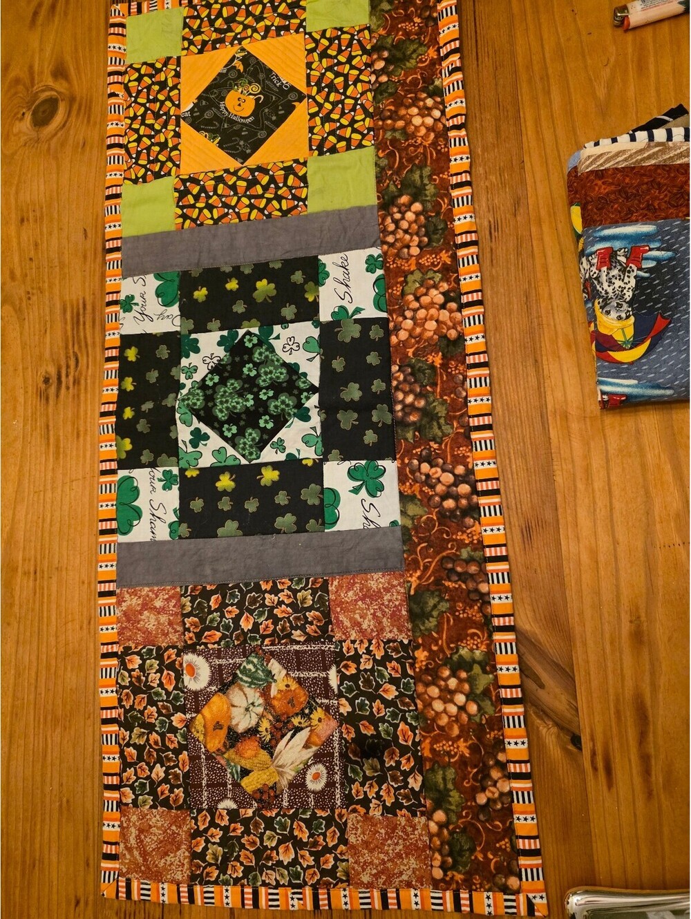 Handmade Autumn-Themed Patchwork Table Runner with Halloween and Fall Motifs